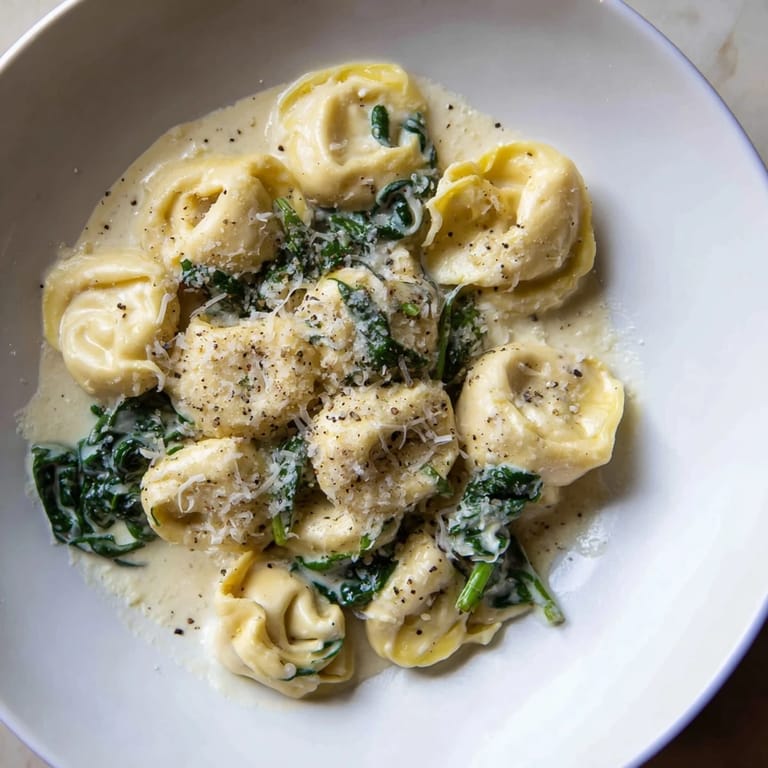 Garnish this delicious Creamy Spinach Alfredo Tortellini with Parmesan and pepper for a perfect, easy Italian dinner.