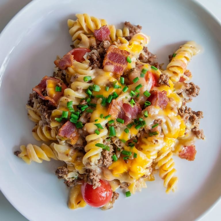 Creamy Bacon Cheeseburger Pasta Bake: a comforting casserole with melted cheese and savory ground beef.