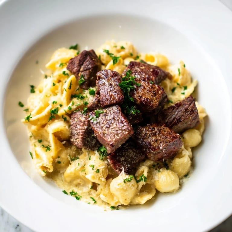 A close up of the finished garlic butter steak bites, nestled over a bed of cheesy pasta shells.
