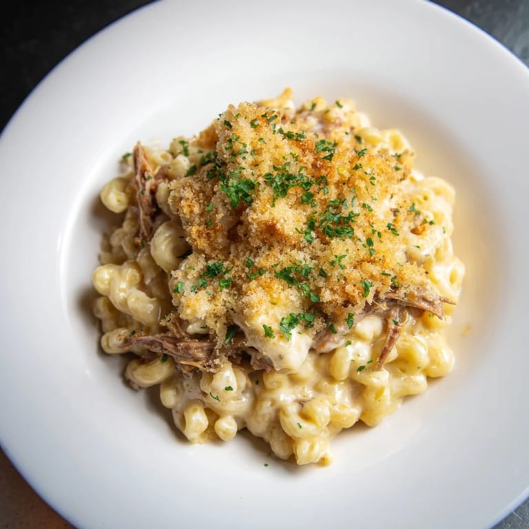 Homemade Barbecue Pulled Pork Mac and Cheese: a close-up shows the rich, smoky flavors with a crispy crust.