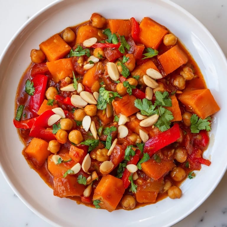 Beautifully plated Moroccan Chickpea & Sweet Potato Tagine, with tender vegetables and a rich, flavorful sauce.