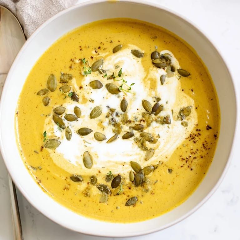 A close-up view of the finished Creamy Roasted Acorn Squash Soup, inviting you to enjoy this homey dish.