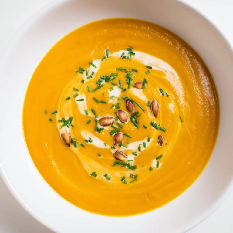 Close-up of golden Butternut Squash & Pear Soup, a velvety blend with fresh chives on top.