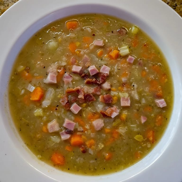Close-up of hearty Split Pea Soup with bacon crumbles, showcasing depth of flavor and texture.