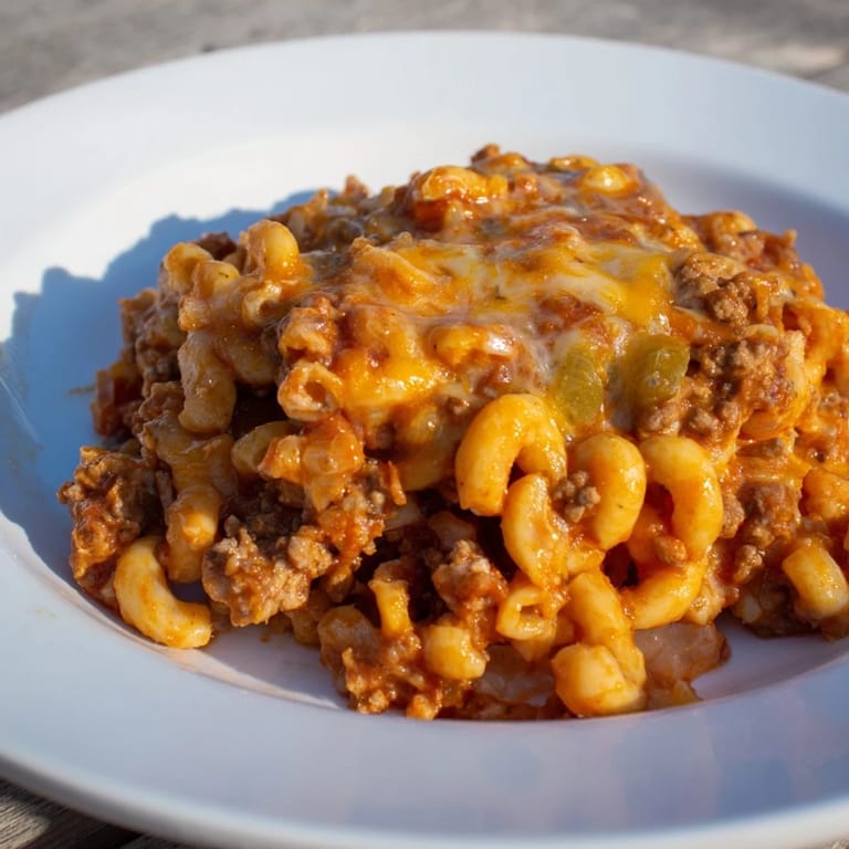 A steaming-hot serving of hamburger casserole shows cheesy, saucy pasta and flavorful ground beef.
