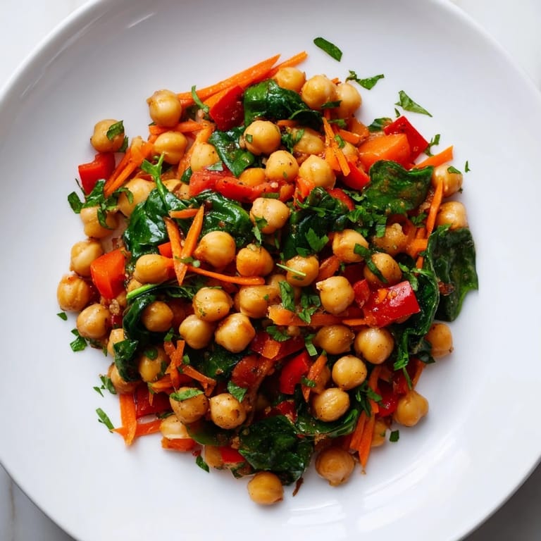 A warm bowl of Vegetarian Chickpea & Spinach Skillet, garnished with fresh herbs, ideal for a comforting weeknight meal.