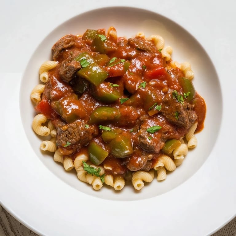 Hearty goulash with beef or turkey, featuring tender pasta and a rich, tomato-based sauce.