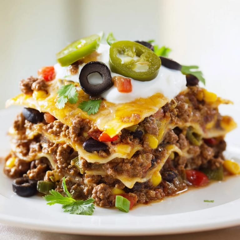Imagine flavorful layers of Taco Lasagna, a Tex-Mex delight with a crispy, golden-brown cheese topping.