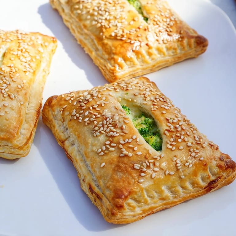 Crispy-edged Broccoli Cheddar Quiche-less Hand Pies, served warm, with a creamy, cheesy filling.