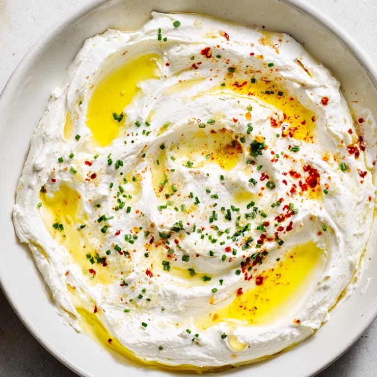 A close-up of whipped ricotta dip, showing the vibrant hot honey swirls for dipping crostini.
