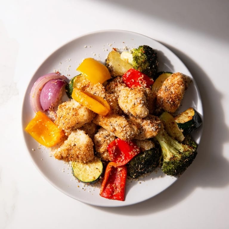One-pan Garlic Parmesan Chicken Bites with tender chicken and colorful vegetables, perfect for dinner.