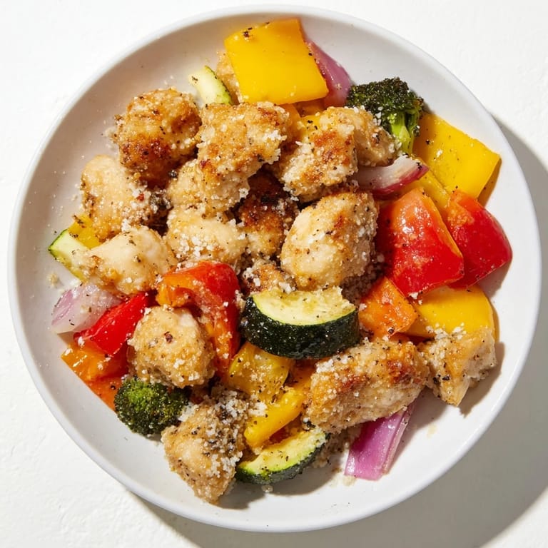 Close-up of baked Garlic Parmesan Chicken Bites, featuring juicy chicken and roasted bell peppers.