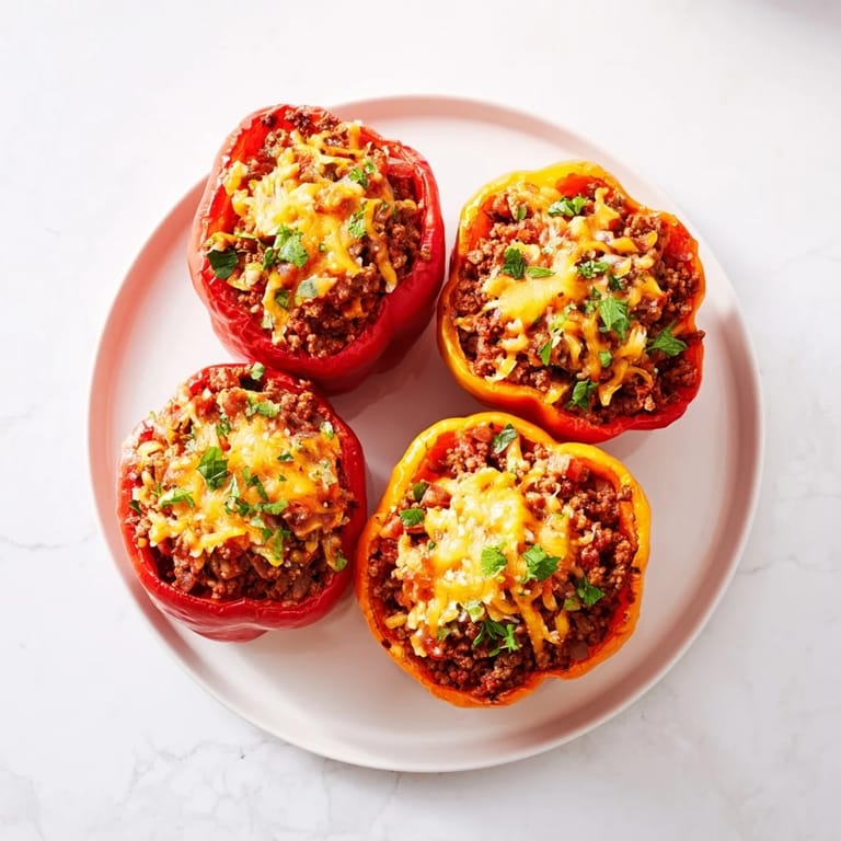 Golden, cheesy Sloppy Joe stuffed bell peppers, a delicious and easy American dinner recipe, ready to eat.