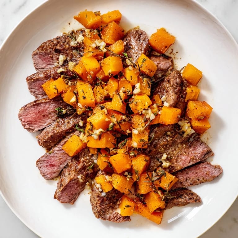 A close-up view of a delicious Butternut Squash & Garlic Herb Steak Bowl, garnished with fresh herbs.