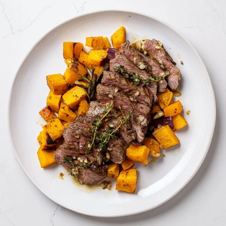 Savory slices of garlic-herb steak nestled among golden roasted butternut squash in these flavorful bowls.