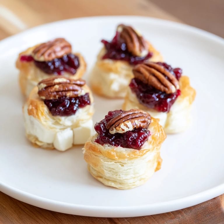 Melting Brie and sweet cranberry sauce baked on puff pastry, creating delicious Express Cranberry Sauce Brie Bites.