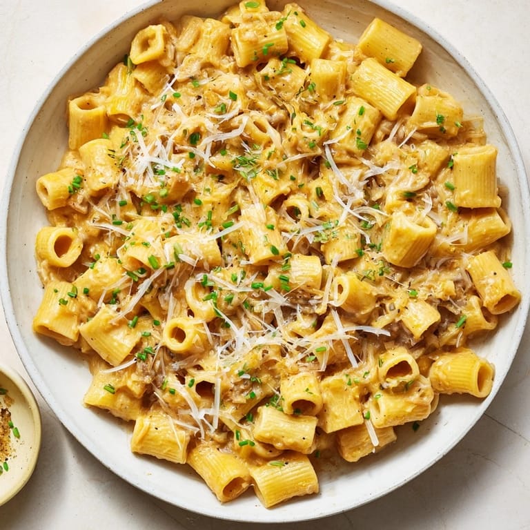 Close-up of bubbling, cheesy creamy French Onion Ditalini, with ditalini pasta and herbs for garnish.