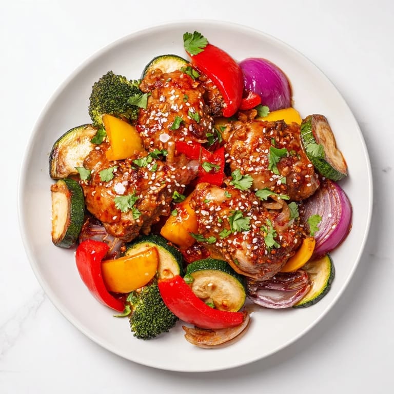 Imagine tender chicken thighs mingling with peppers and onions in this aromatic Spicy Honey-Garlic Chicken Sheet Pan recipe.