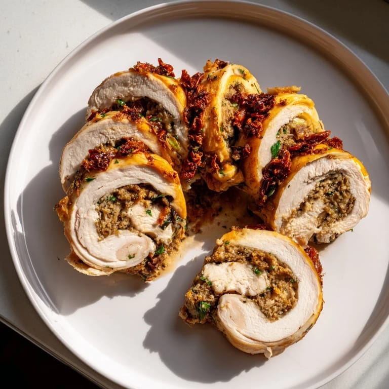 Sliced Marry Me Chicken and Stuffing Roulades, coated in rich sauce, ready to serve with sides.