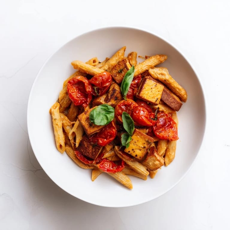 Freshly made and ready to eat: a vibrant bowl of Vegan Baked Tofu Feta Pasta.