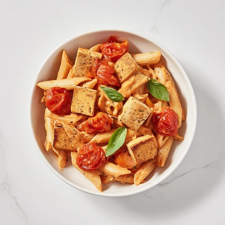 A close-up of Vegan Baked Tofu Feta Pasta; the creamy sauce clings to penne with basil.