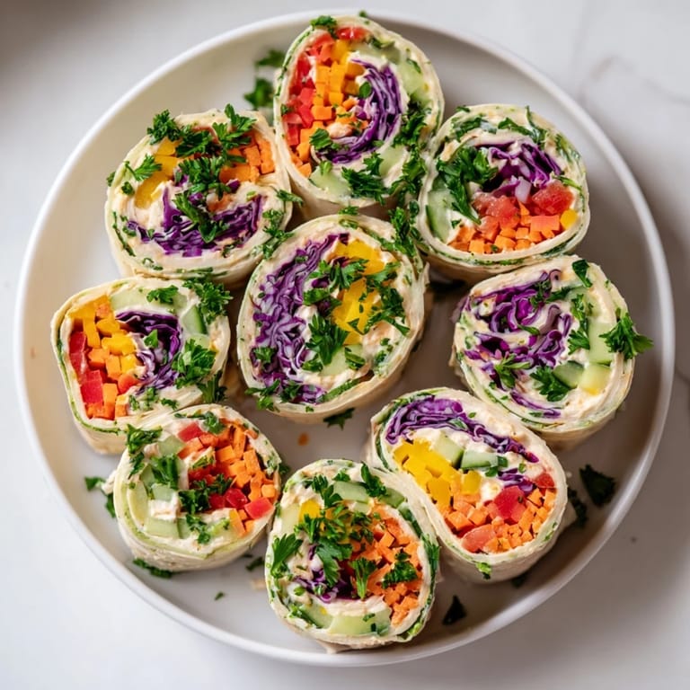 Close-up of freshly sliced Rainbow Veggie Christmas Lights Wrap Pinwheels, a delicious and easy holiday snack idea.