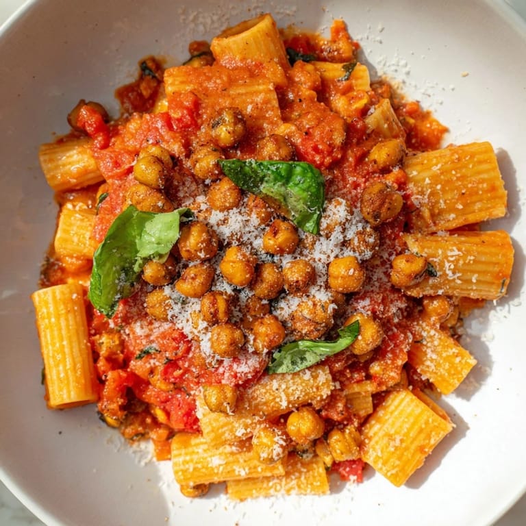 Vivid image shows the Spicy Arrabbiata Roasted Chickpea Crunch Pasta topped with Parmesan and fresh basil.