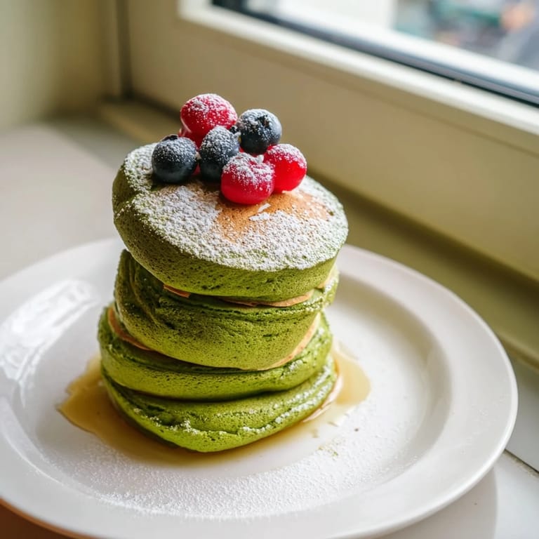 A stack of towering egg white gingerbread matcha soufflé pancakes, light and airy, cooked to perfection.