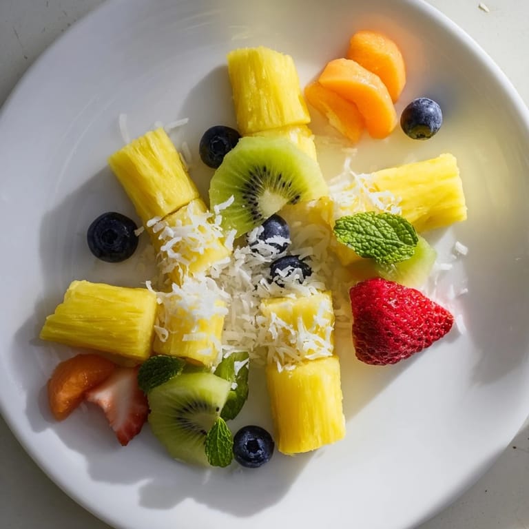 A close-up of a refreshing Tropical Pineapple Platter showcasing the juicy pineapple and vibrant mango slices.