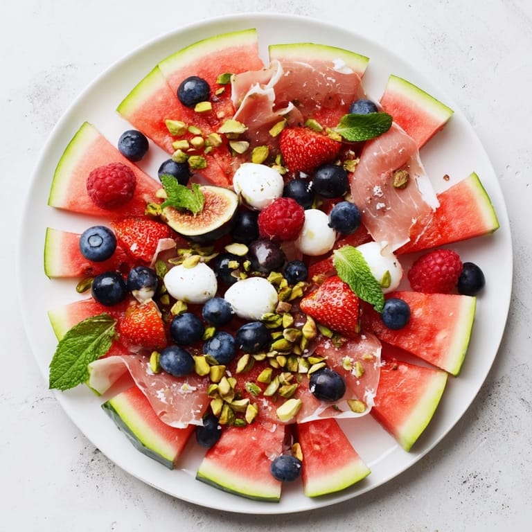 Gorgeous watermelon slice charcuterie features summer flavors: sweet juicy fruit, salty cheese and crunchy nuts.