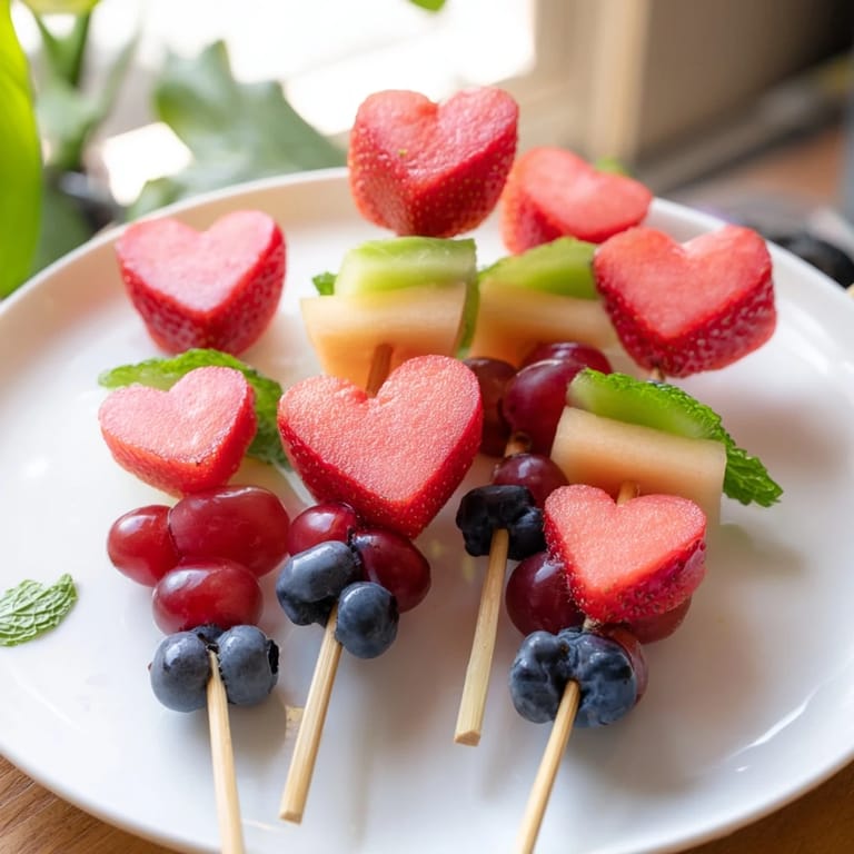 A close-up reveals colorful Berry Good Heart Fruit Skewers, a delightful and healthy snack with various fruit shapes.