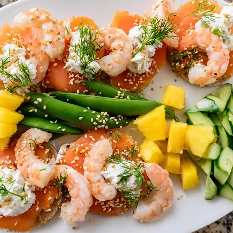 Enjoy a coastal feast: Smoked salmon, shrimp, and tropical fruits on this snack board.