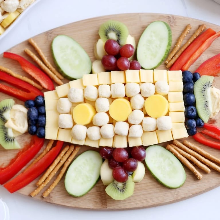 The spaceship launch snack board features a playful food arrangement, full of healthy snacks and fun shapes.