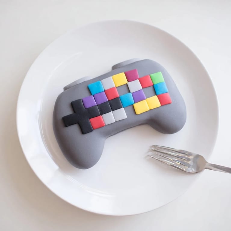 Imagine a vibrant, sculpted Pixel Video Game Controller Cake, ready to serve slices of vanilla cake at your next event.
