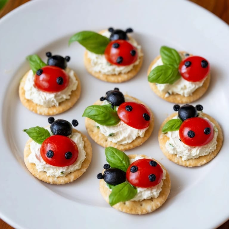 Vibrant Garden Snacks: ladybug tomato & olive bites with black olive heads and basil garnish; ready to eat.