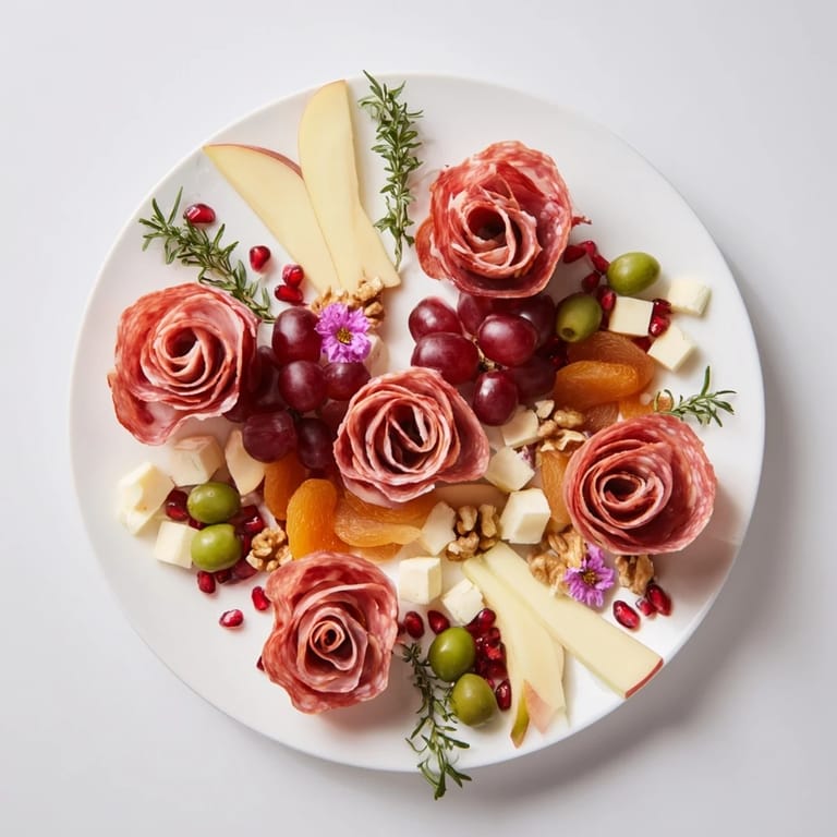 Delicious holiday charcuterie featuring a meat rose bouquet and tasty cheeses, ready to serve.