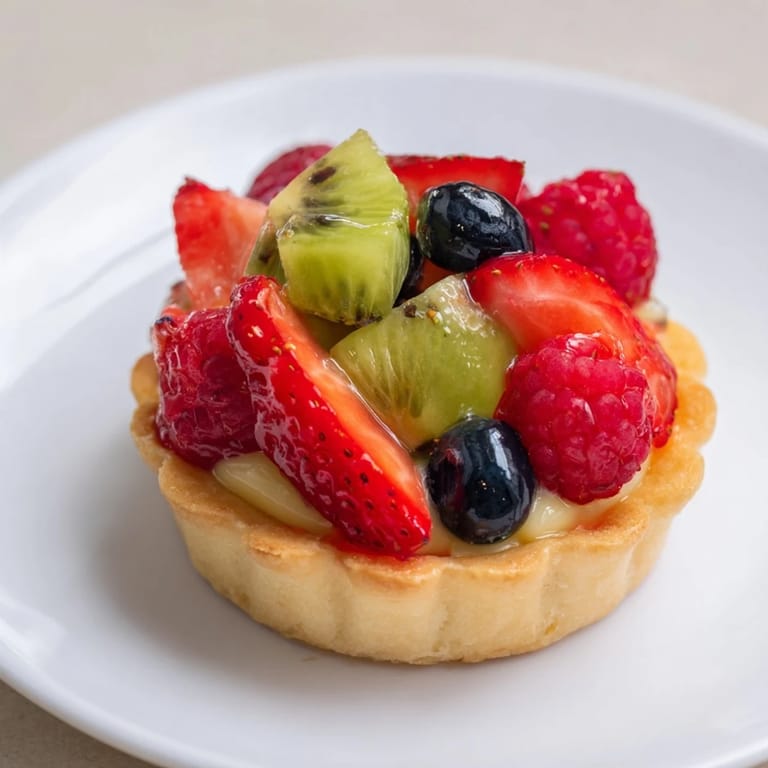 A close-up view of elegant mini fruit tartlets, featuring a colorful array of fresh fruit toppings.