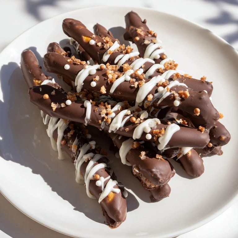 Enjoy this easy, no-bake chocolate covered pretzel stick stack, ready to savor its sweet, layered perfection.
