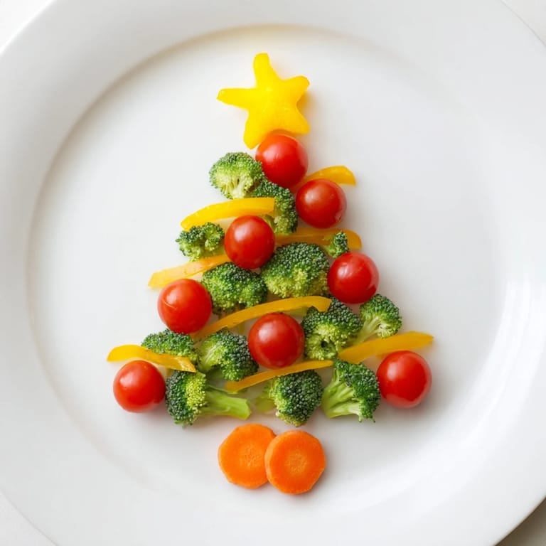 A vibrant Broccoli Tree, with juicy cherry tomato ornaments and yellow bell pepper star, perfect for kids.