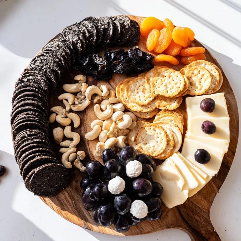 Yin and Yang Balance Board arranged with olives, cheese, and crackers offers a simple, elegant appetizer for guests.