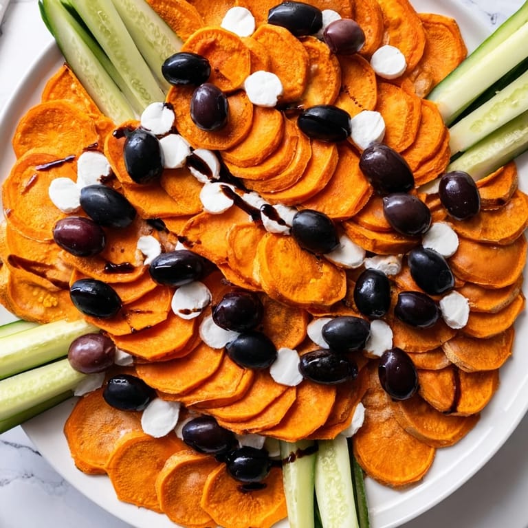 This creative platter features fresh Monarch Butterfly Wings, with colorful olives and sweet potato slices for a feast.
