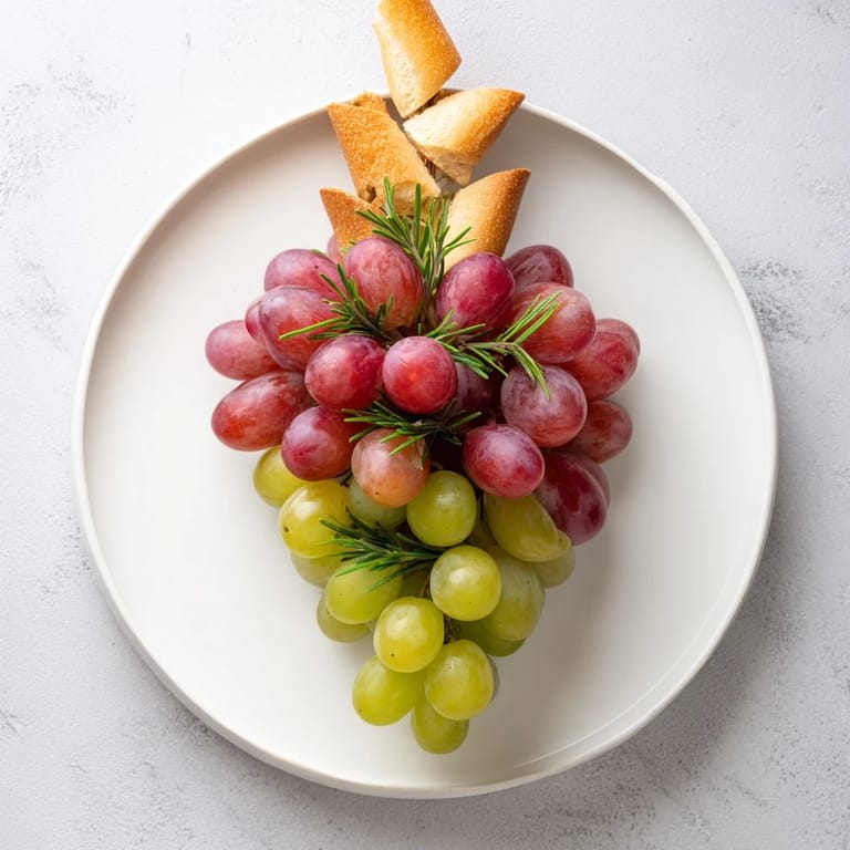 A visual delight: Red and green vineyard grape cluster appetizer with rustic bread stem.