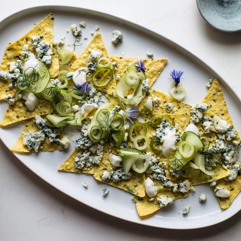 Enjoy a delightful "Deep Sea Ocean Wave" platter; blue chips, green veggies, cheese, and fruit, ready to serve and share.