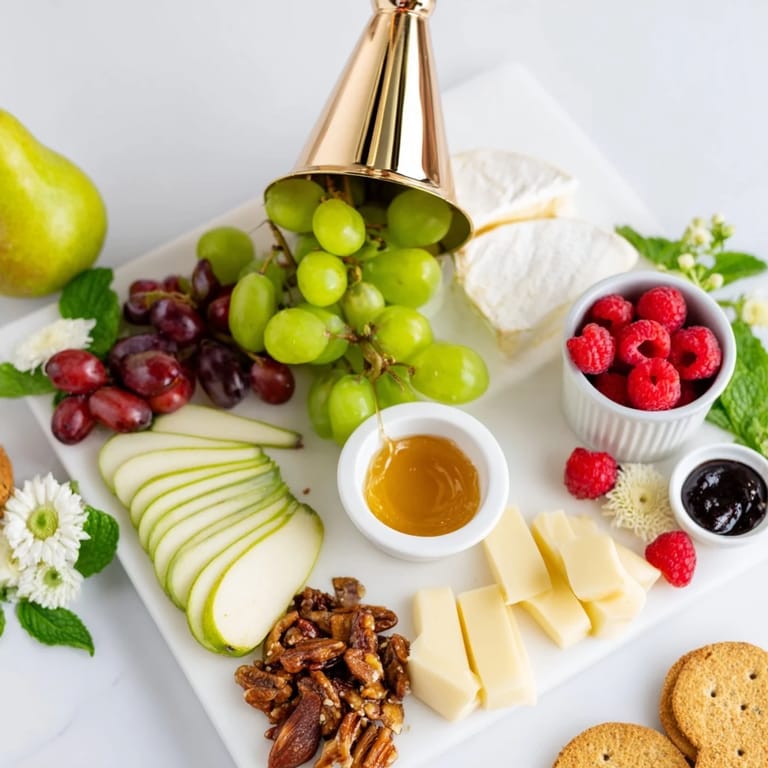 Vibrant Champagne Waterfall Board, featuring cascading fruit, cheese, and meats arranged festively for a celebration.