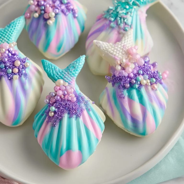 Close-up of freshly decorated Mignardises Queue de Sirène, showing the shimmering sprinkles and delicious white chocolate coating.