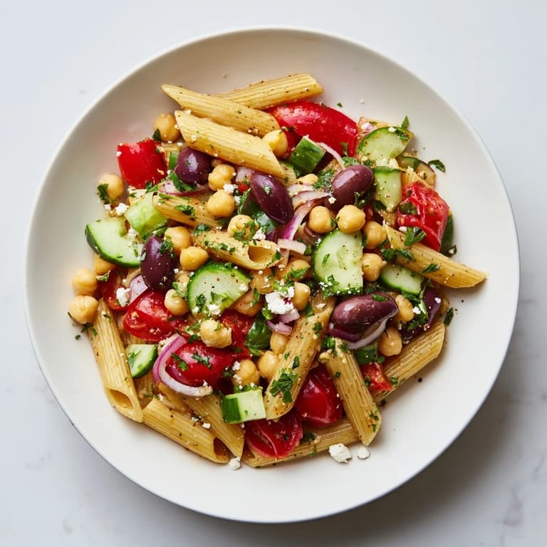 This Mediterranean pasta salad with chickpeas is a colorful mix of flavors, perfect for a light lunch.