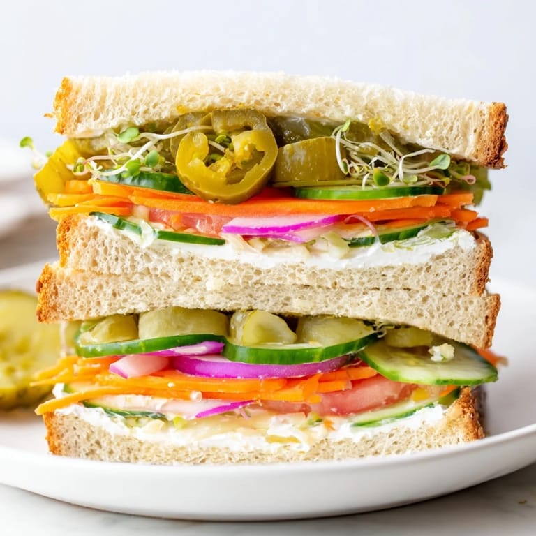 Perfectly stacked crunchy dill pickle sandwiches showing vibrant pickles in a delicious lunch.