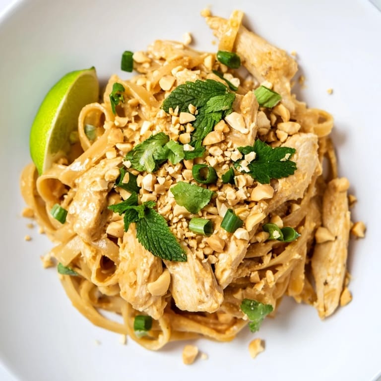 Creamy peanut sauce coats the Thai Peanut Chicken Pasta, garnished with bright green herbs and crunchy peanuts.