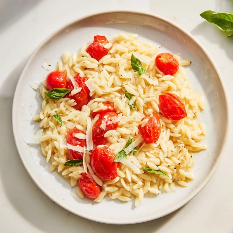 A bowl of creamy orzo tomato Parmesan, with glistening olive oil and grated cheese on top.