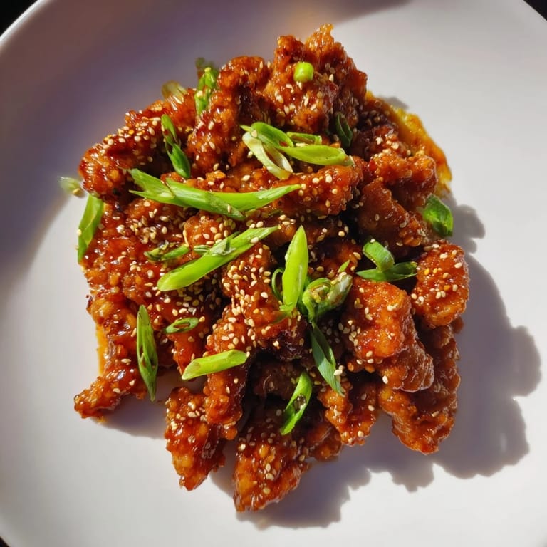 Close-up of succulent Sweet and Spicy Sriracha Honey Chicken, showcasing the sticky, vibrant glaze and tender meat.
